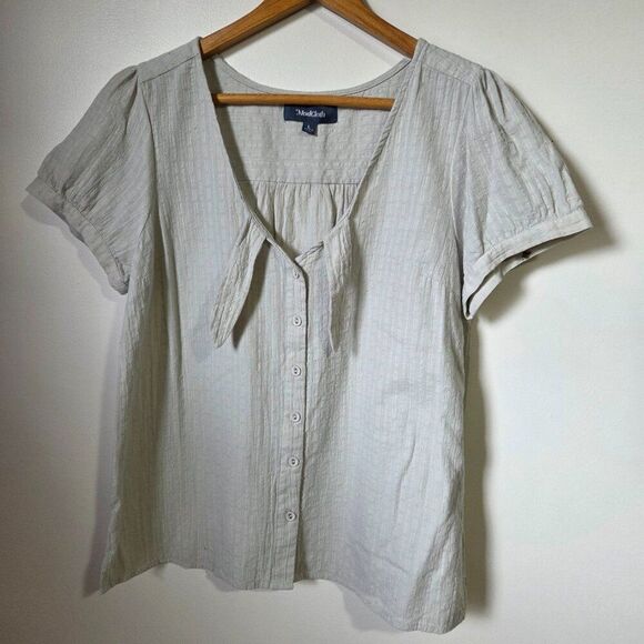 EUC MODCLOTH V NECK WITH SMALL BOW TIE BUTTONED BLOUSE TOP SIZE L - Picture 2 of 16